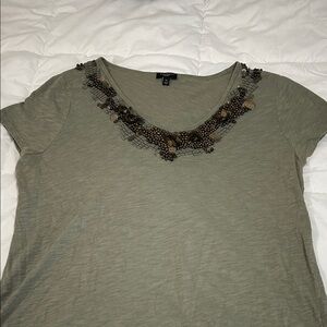 Talbots Olive Green Beaded Scoop Neck Short Sleeve Top
